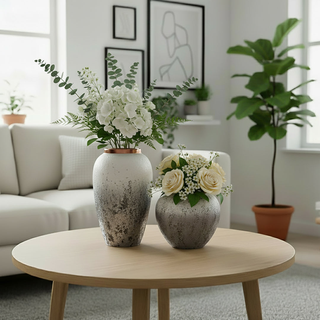 SOGA Home & Living Bundle – White & Grey Ceramic Flower Vases for Elegant Living Room Decor
