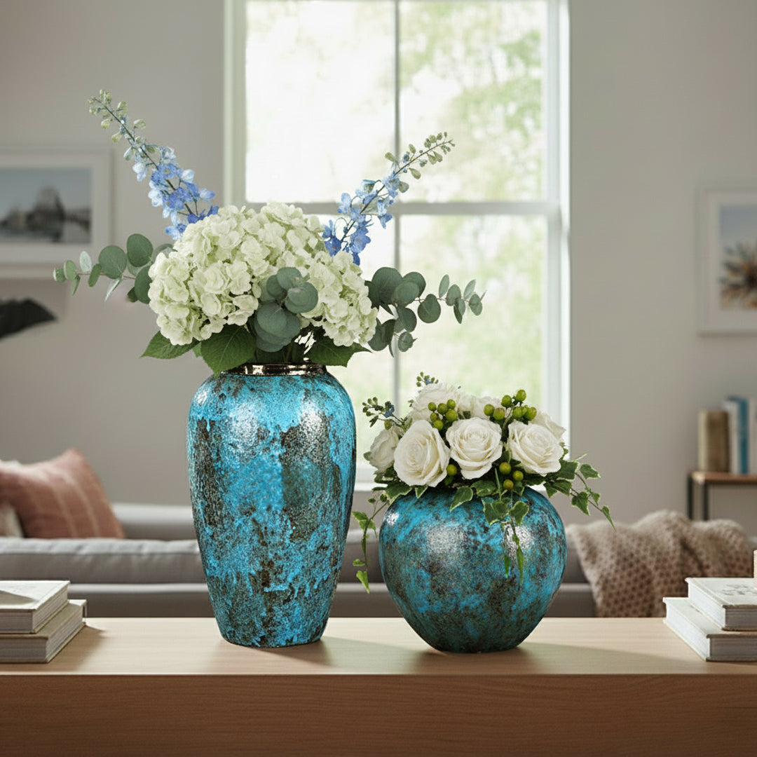 SOGA Home & Living Bundle – Light Blue Ceramic Flower Vases for Elegant Living Room Decor