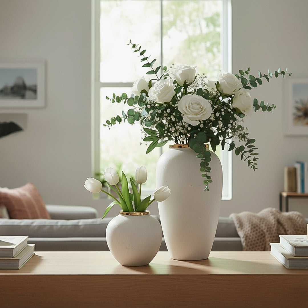 SOGA Home & Living Bundle – Plain White Ceramic Flower Vases for Elegant Living Room Decor
