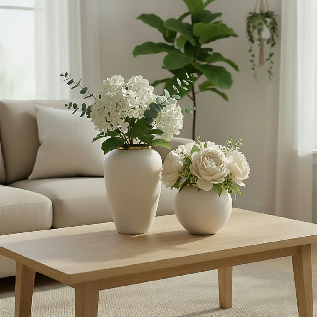 SOGA Home & Living Bundle – Plain White Ceramic Flower Vases for Elegant Living Room Decor