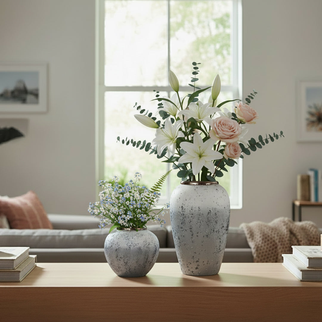 SOGA Home & Living Bundle – White & Grey Ceramic Flower Vases for Elegant Living Room Decor
